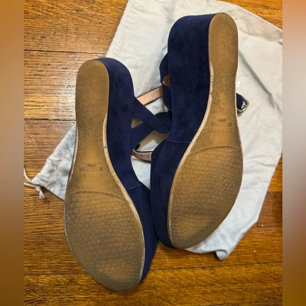 Stuart Weitzman navy blue sandals platform size 8 wedge heels cobalt suede - Picture 5 of 9